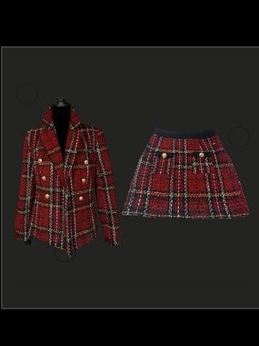 Shein Red Plaid Tweed Blazer Skirt Set Gold Button XS